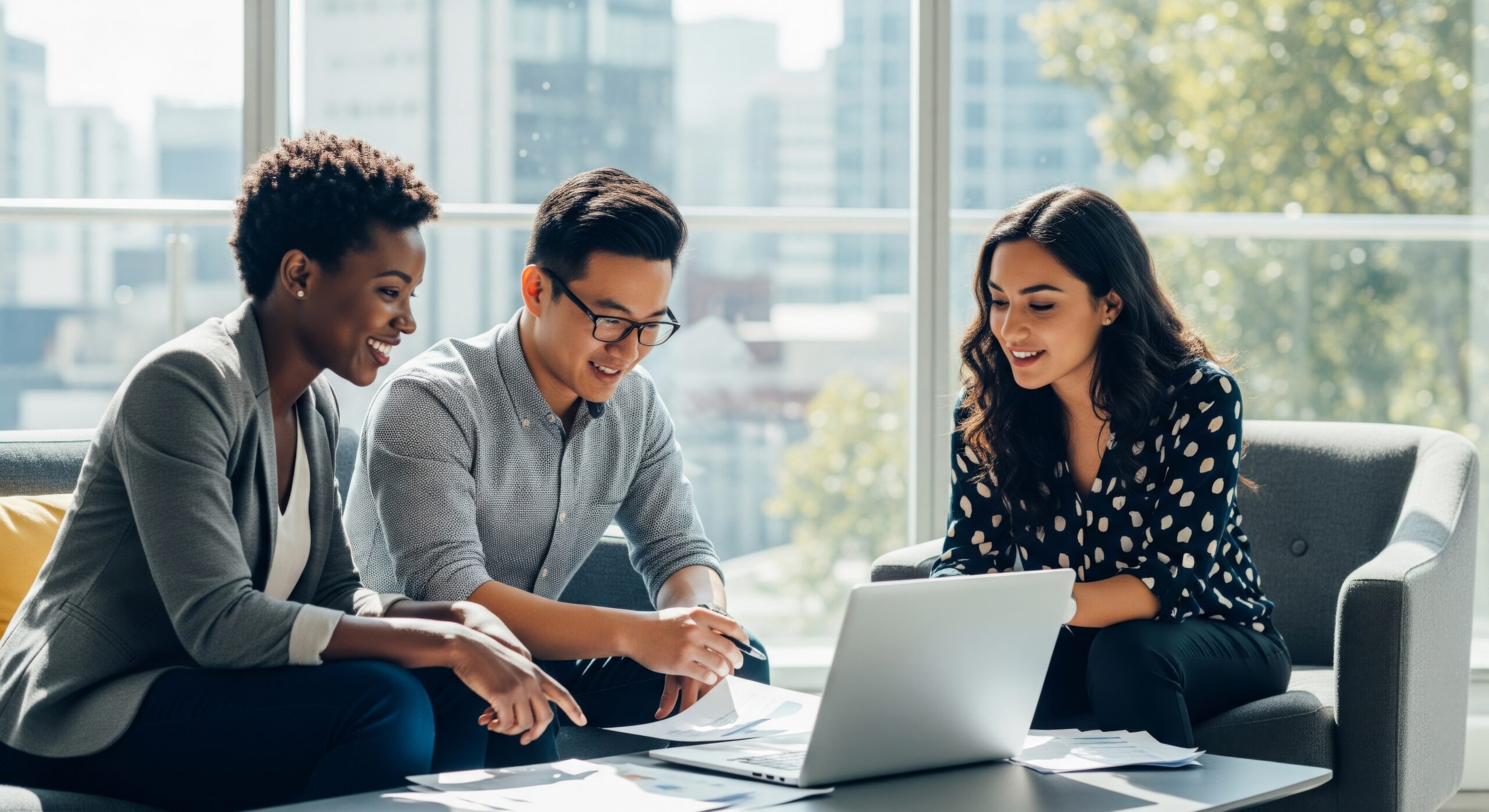 Diverse group of coworkers reviewing documents together in a bright office setting