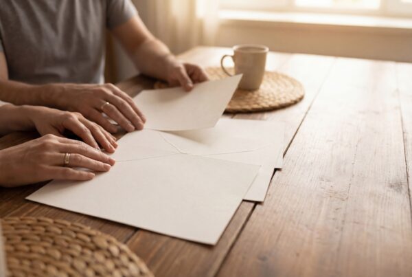 Close-up of two people's hands opening an envelope and letter on a rustic wooden table, with a coffee cup in the background and warm natural light coming through a window