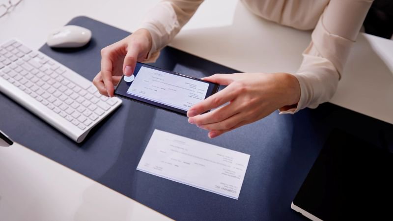 Employee photographing a pay stub with a smartphone to document wage statement violations. Capturing payroll records as evidence in a California PAGA claim