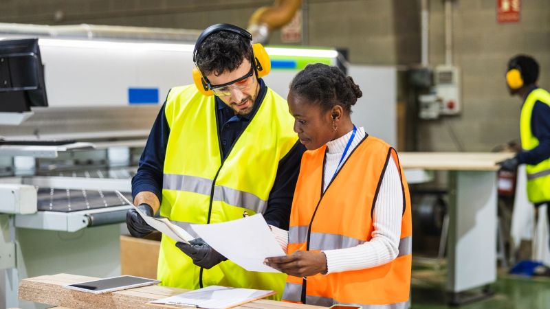 Two California employees in safety gear reviewing workplace documents, representing workers protected from wrongful termination in Los Angeles