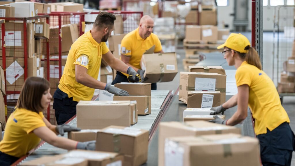 Warehouse employees sorting packages in matching uniforms, representing California workers misclassified under exempt vs non exempt employee rules