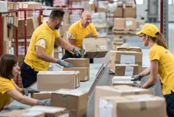 Warehouse employees sorting packages in matching uniforms, representing California workers misclassified under exempt vs non exempt employee rules