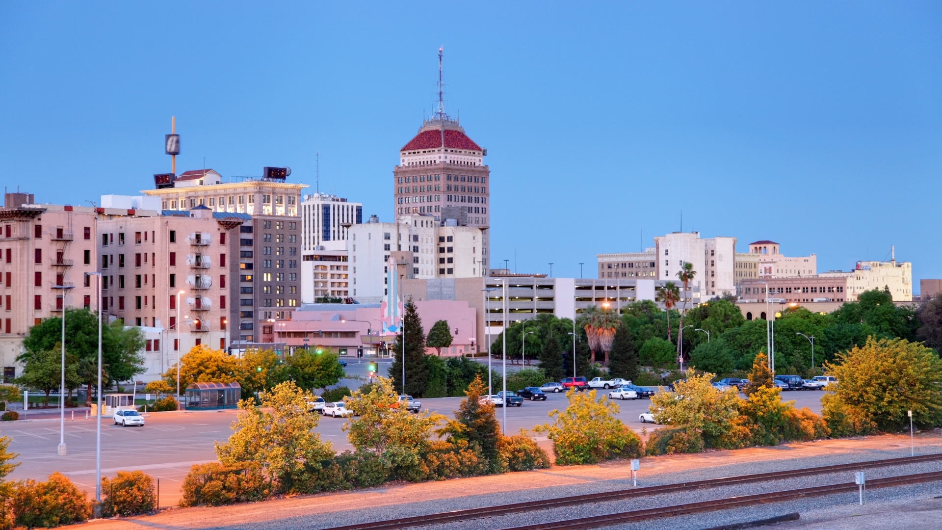 Downtown Fresno, California skyline at dusk, home to a Fresno employment lawyer
