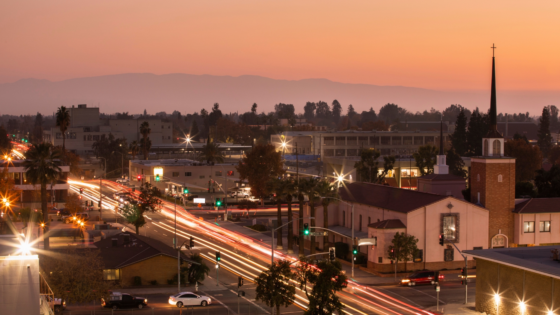 Downtown Bakersfield, California at dusk, home to Frontier Law Center's Bakersfield employment lawyer practice
