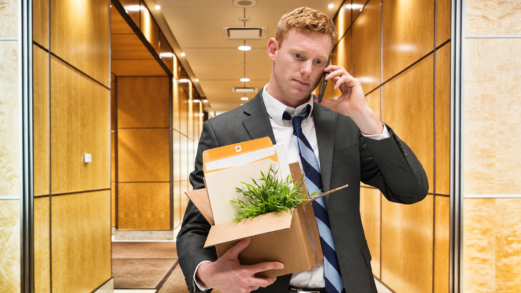 San Francisco employee carrying a box of belongings while calling a wrongful termination lawyer.