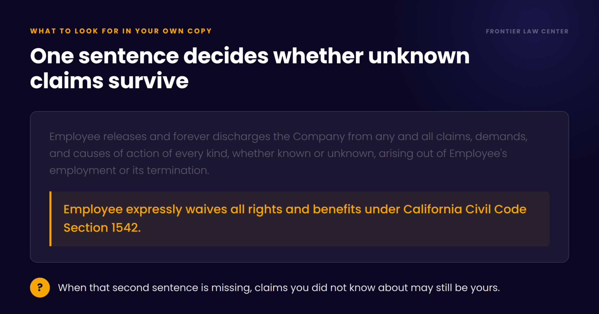 Severance release paragraph with the California Civil Code 1542 waiver sentence highlighted in gold
