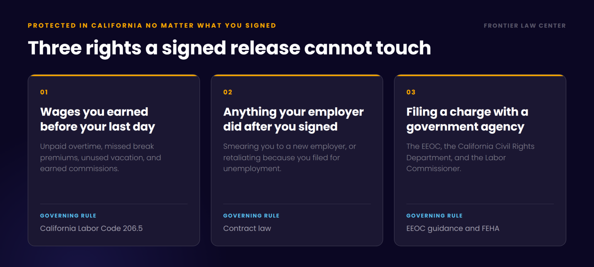 Three rights a signed severance release cannot waive in California with the governing rule for each