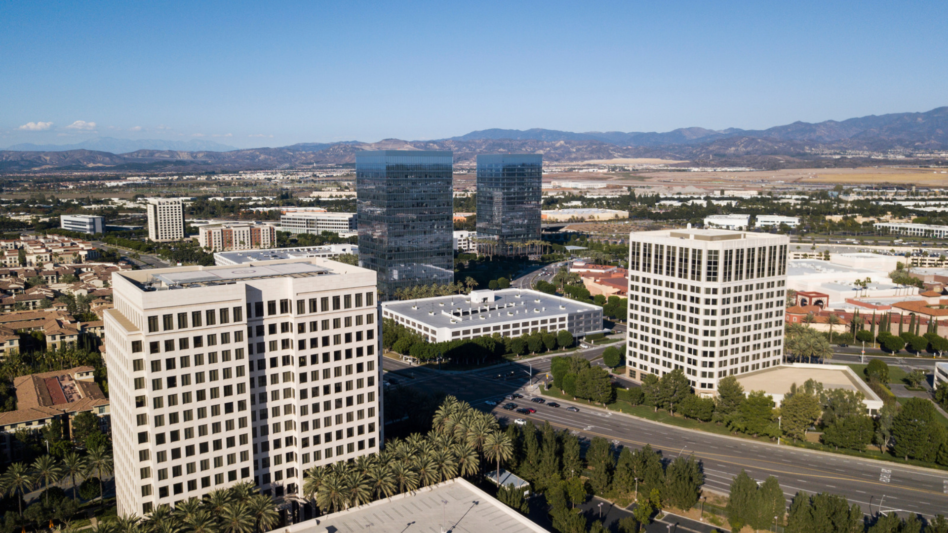 Aerial view of Irvine office towers and the Orange County business district