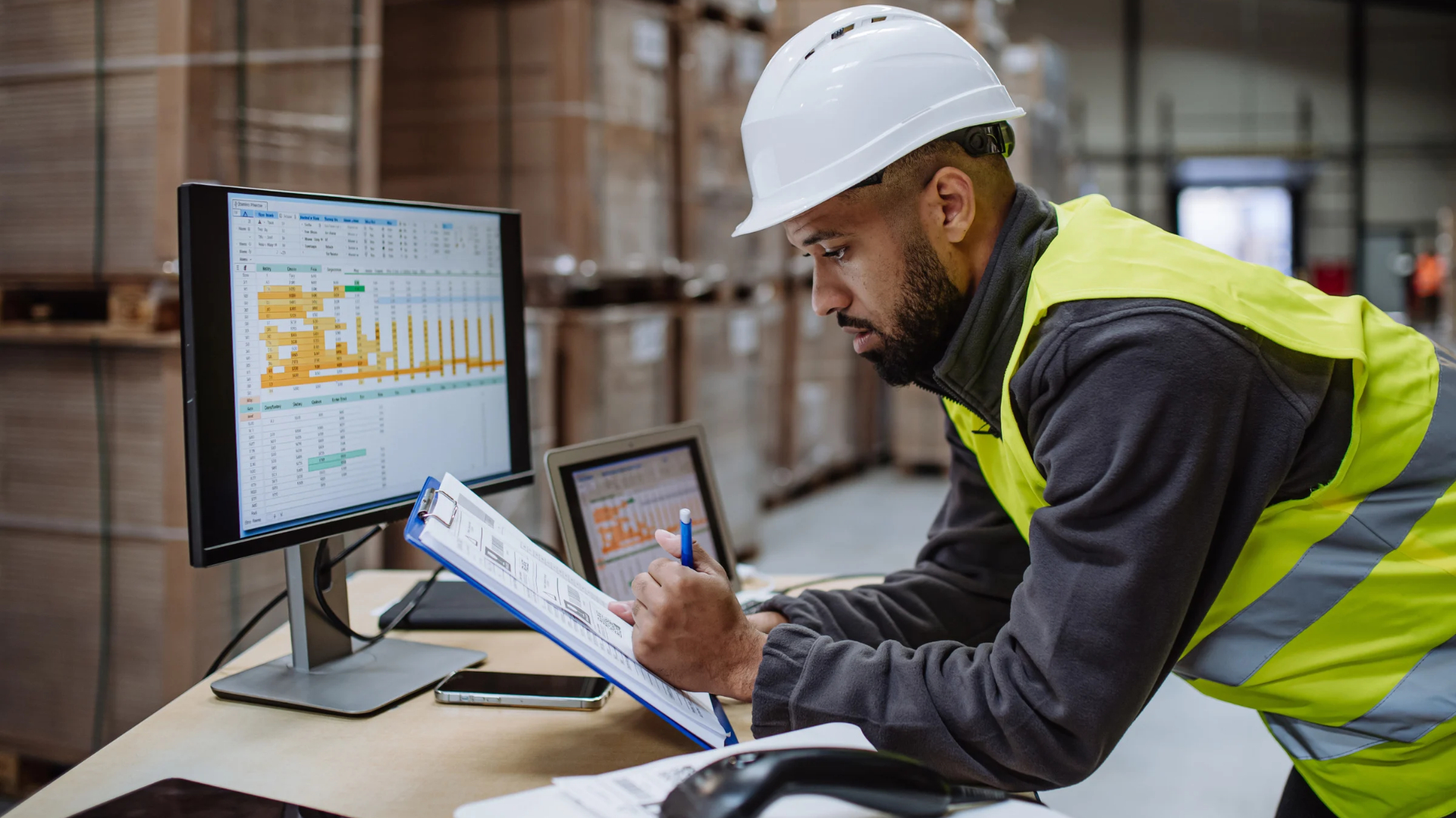 Warehouse employee in a hard hat reviewing a clipboard, with work data displayed on the monitor behind him