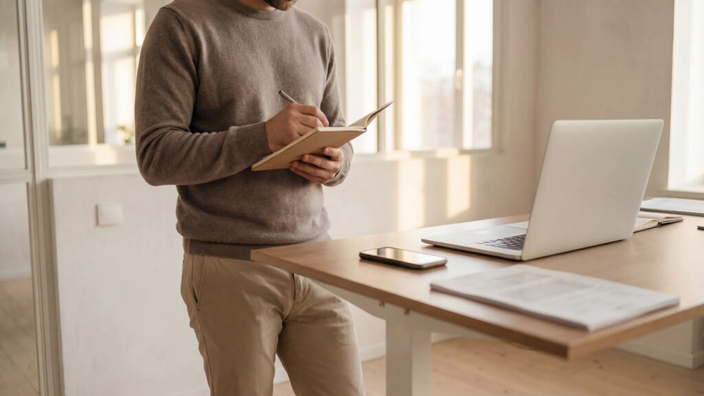 Employee taking notes at a standing desk to document an accommodation change