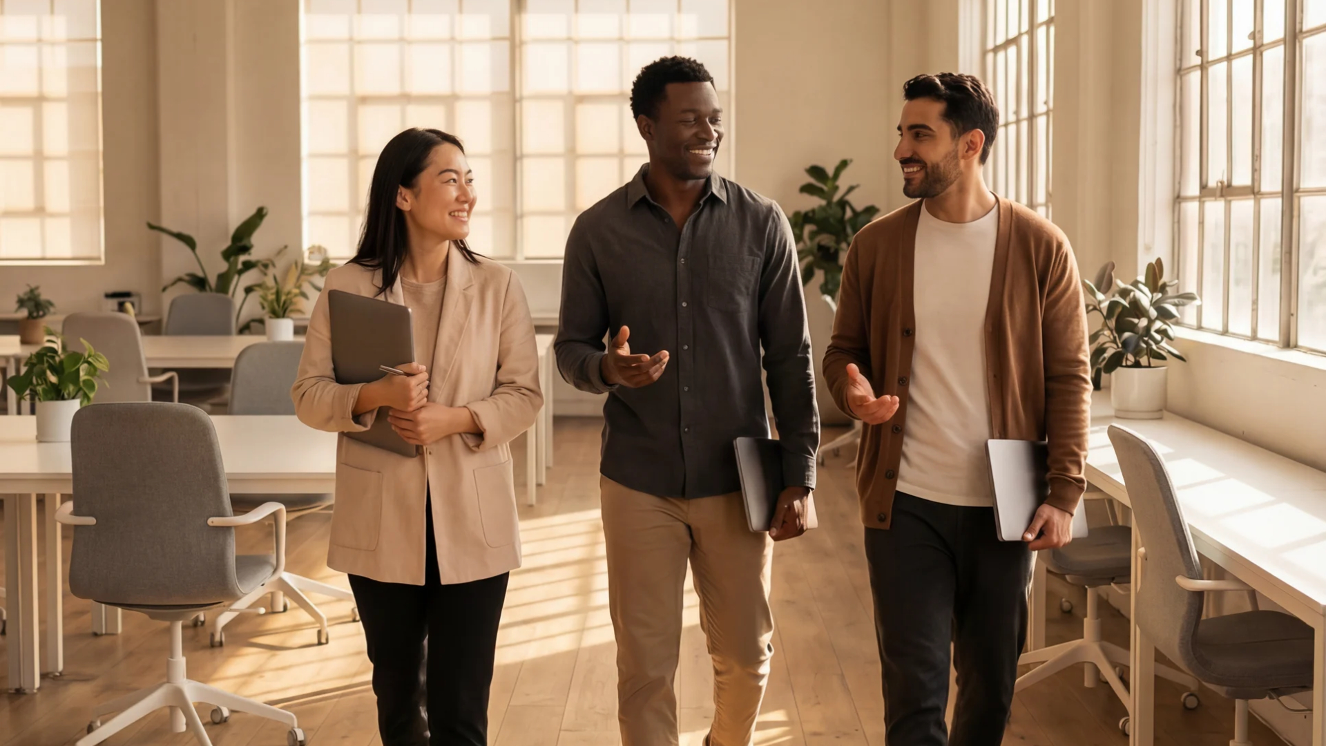 Three diverse coworkers talk and smile as they walk through a sunlit office, holding laptops and tablets