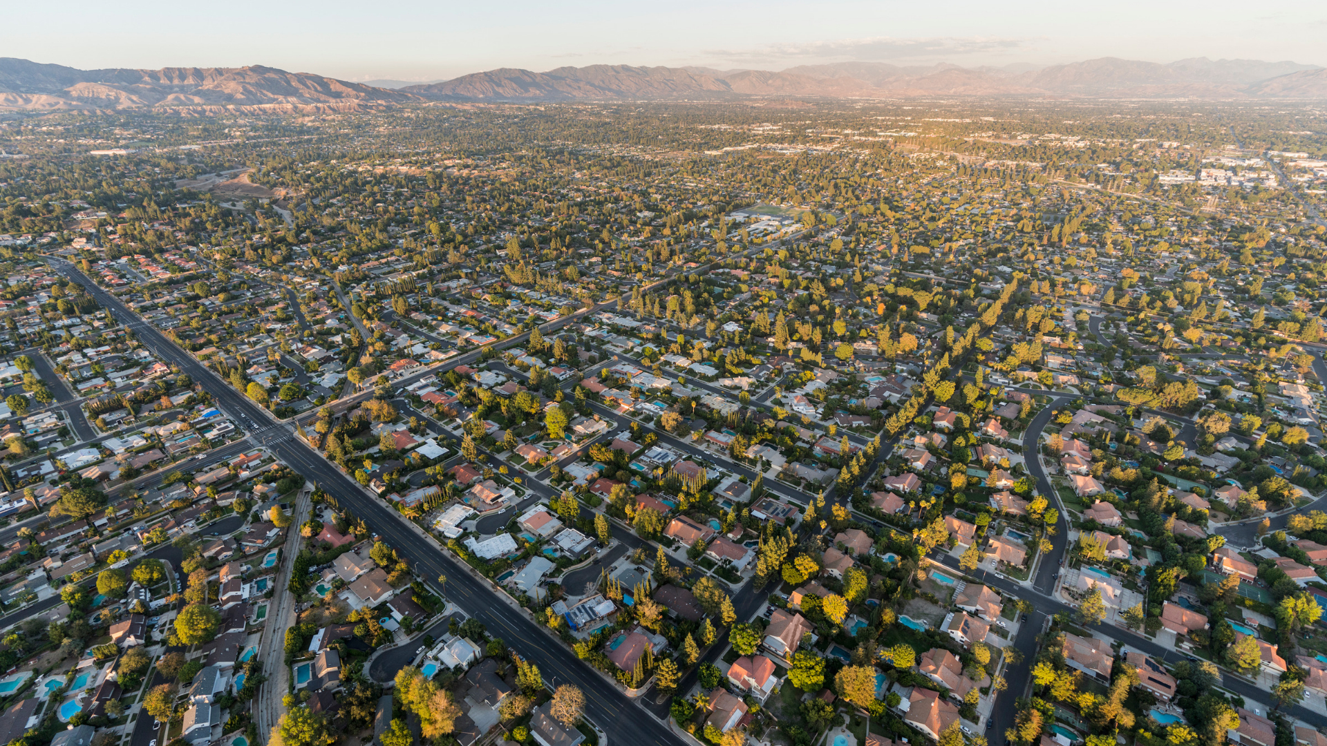 Aerial view of Encino homes and tree-lined streets in the San Fernando Valley, served by an Encino employment lawyer
