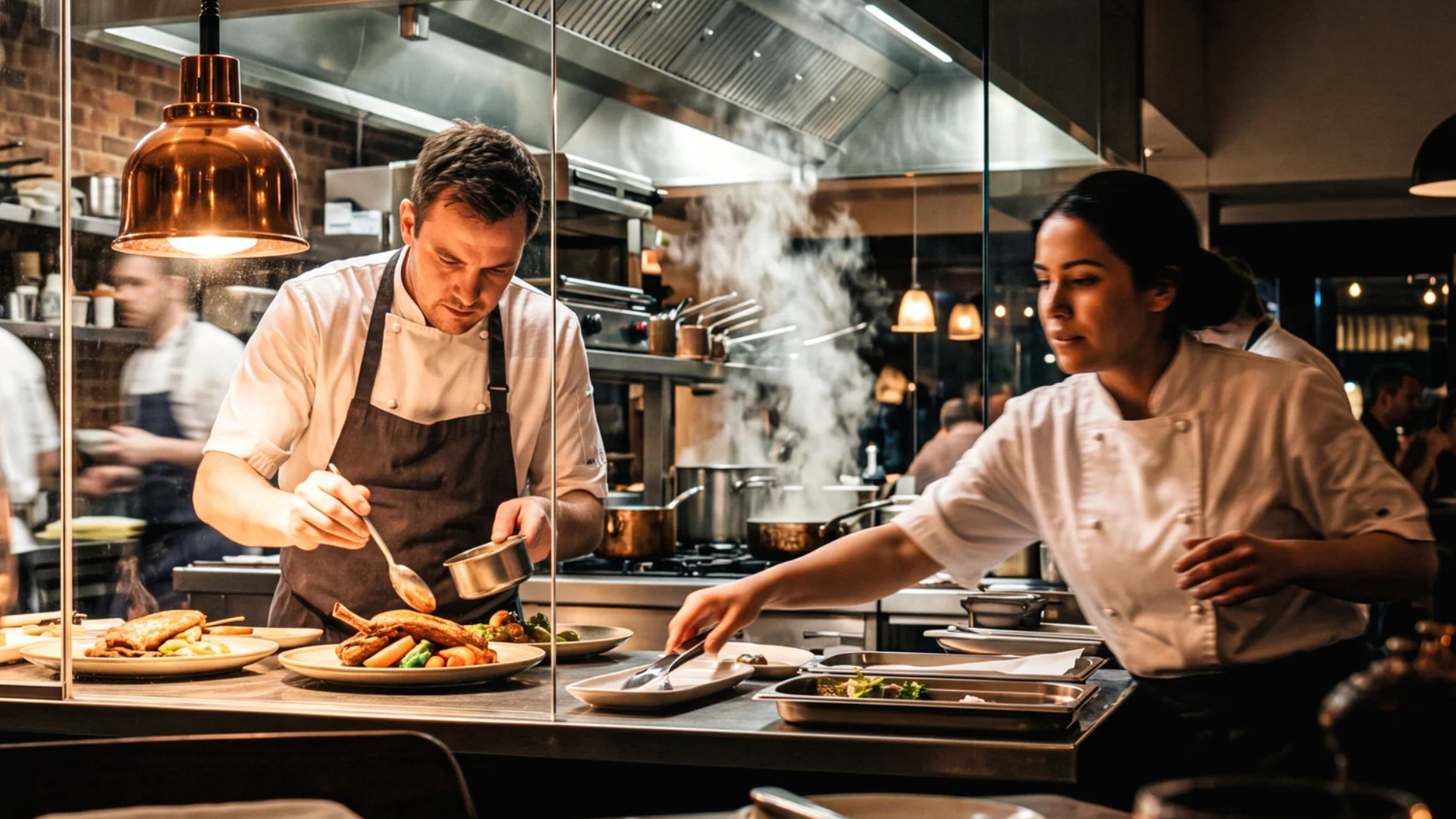 Two back-of-house line cooks plating dishes under a copper heat lamp in a busy restaurant kitchen