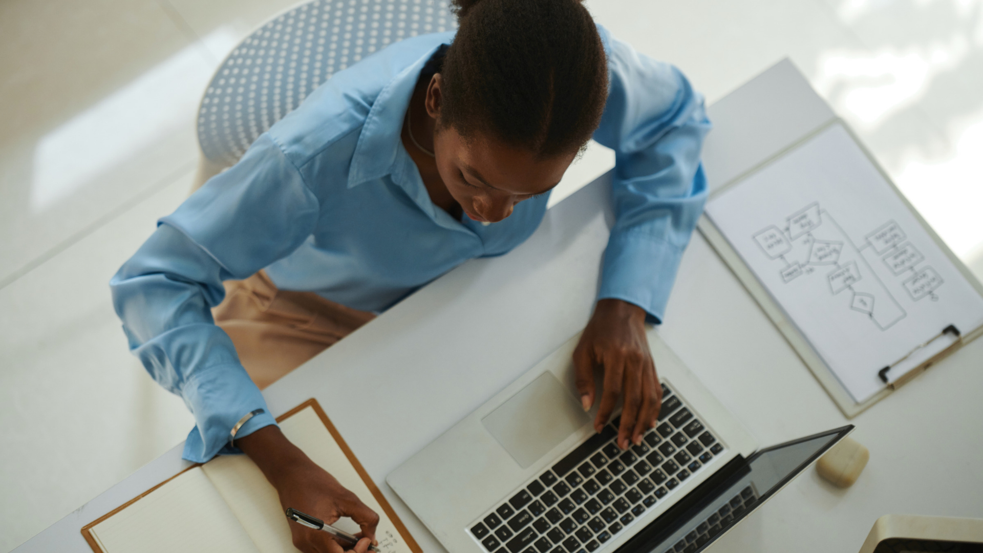 Overhead view of an employee at a desk writing in a notebook and typing on a laptop while planning her work schedule